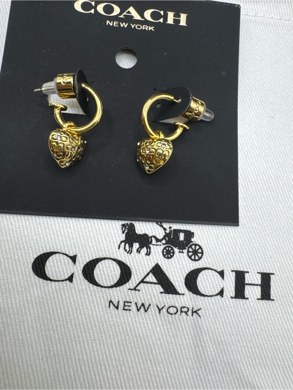 Coach Gold Heart Drop Hoop Earrings
